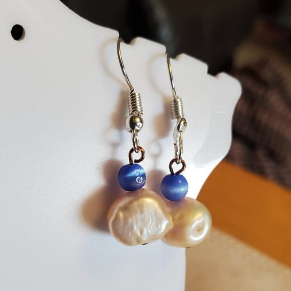 Silver Tone Hook Pearl and Blue Cat's Eye Earrings